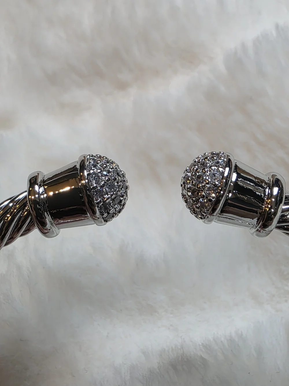 Silver Rope Cable Open Cuff Bracelet with Pavé End Caps